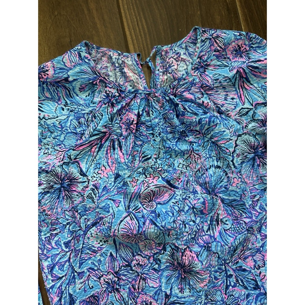 Lilly‎ Pulitzer Blue Pink Tropical Floral Cotton Top Long Sleeve Keyhole 013731